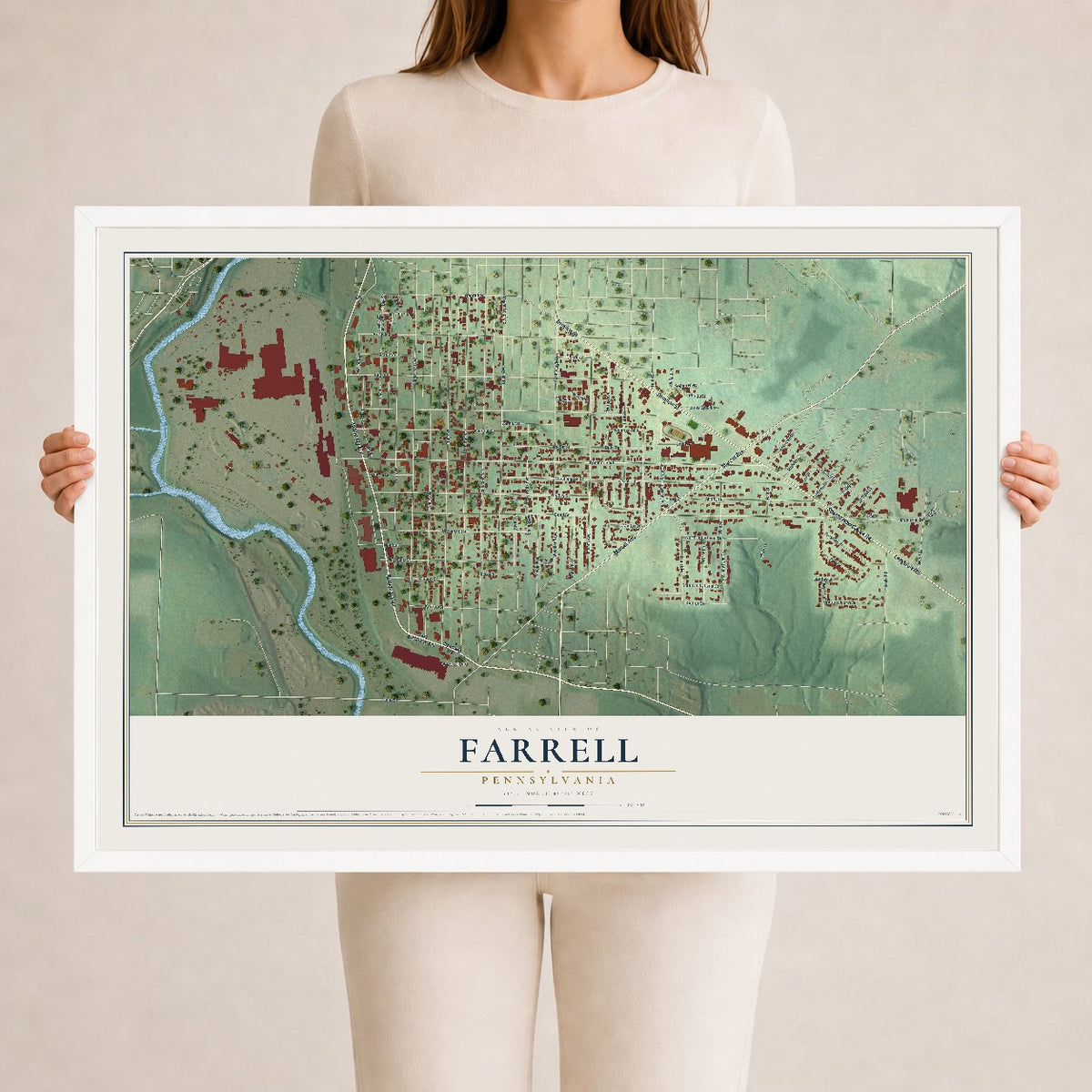 Map of Farrell, Pennsylvania, 24 x 36 inch print in a white wood frame