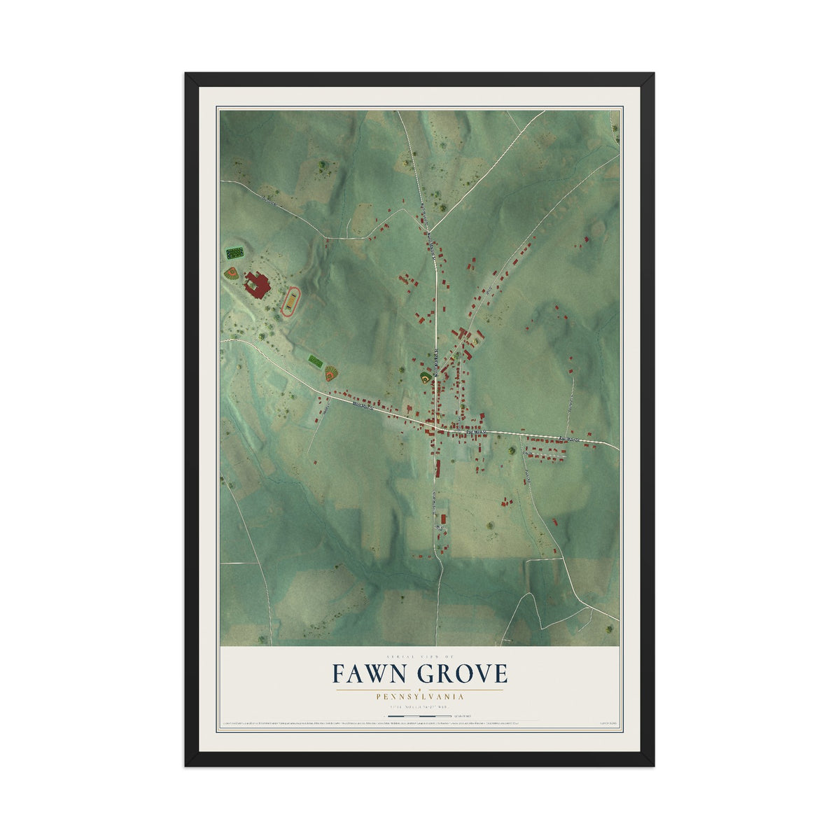 Map of Fawn Grove, Pennsylvania, 12 x 18 inch print in a black wood frame