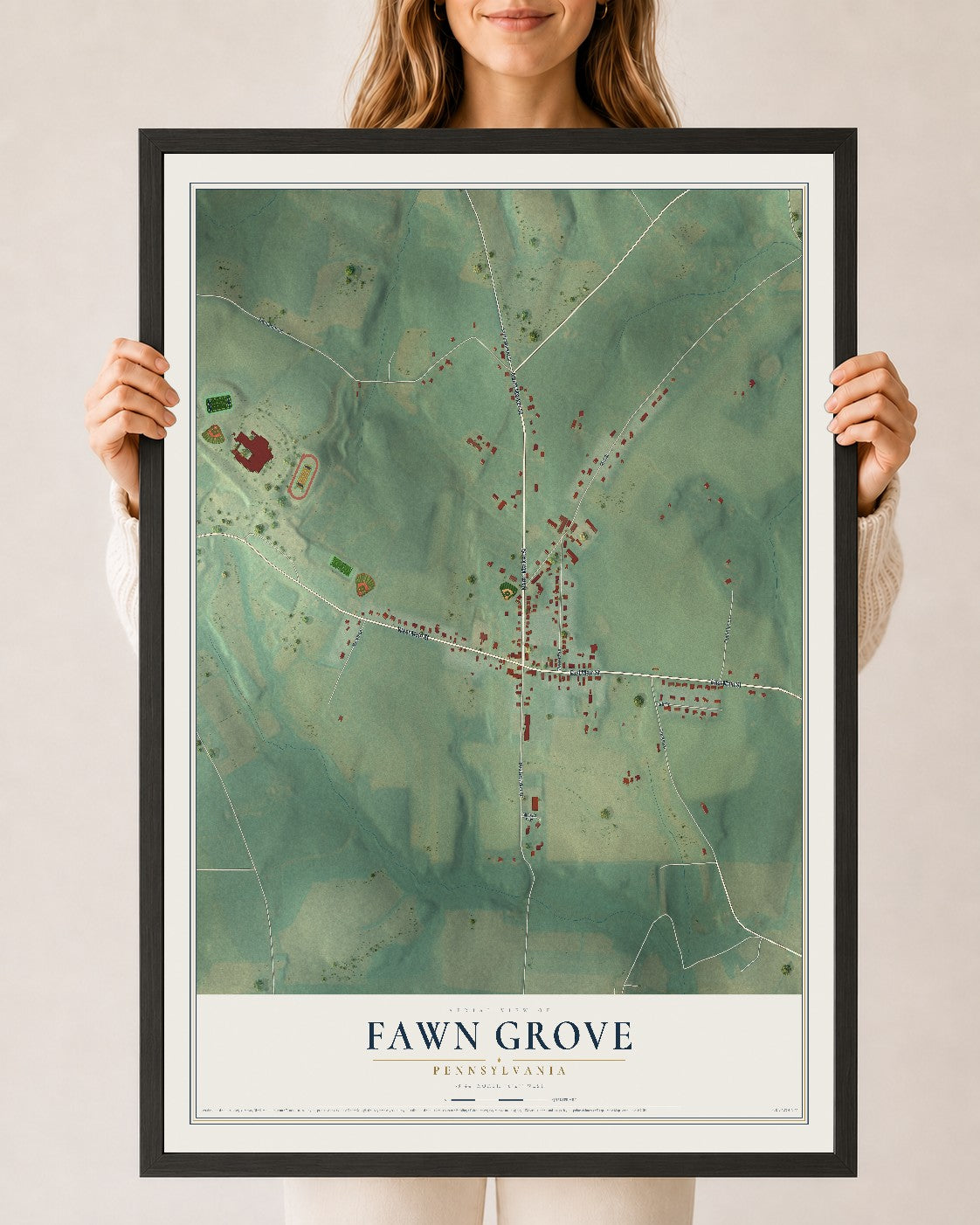 Map of Fawn Grove, Pennsylvania, 24 x 36 inch print in a black wood frame