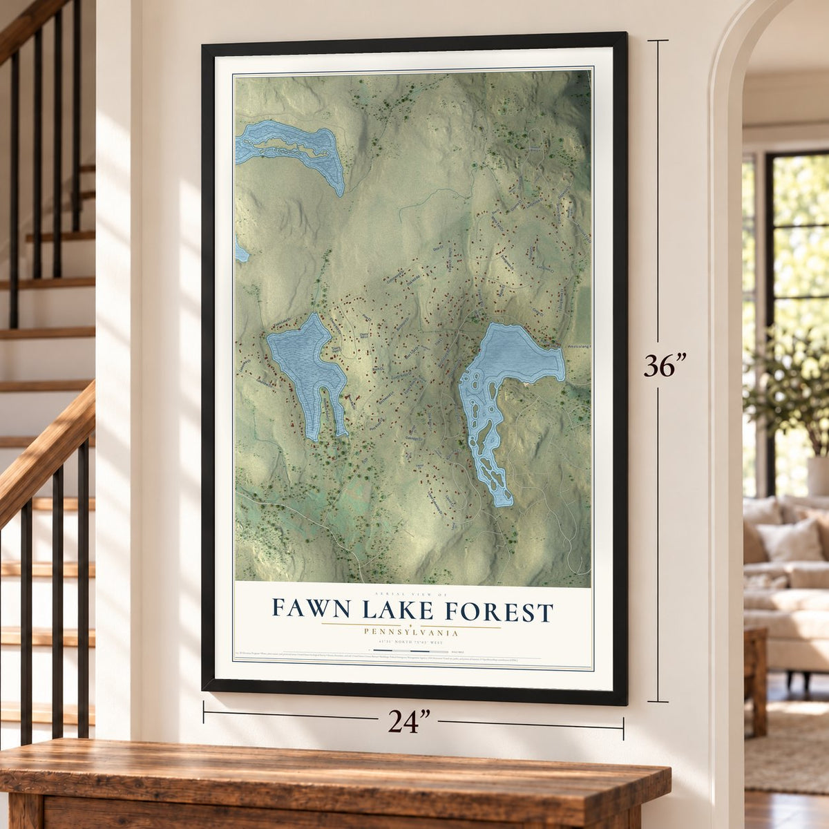 Fawn Lake Forest, Pennsylvania map, 24 x 36 inch print in a black frame by a staircase