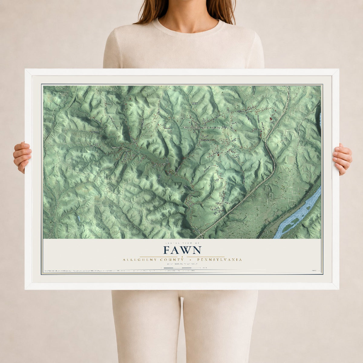 Map of Fawn, Allegheny County, Pennsylvania, 24 x 36 inch print in a white wood frame