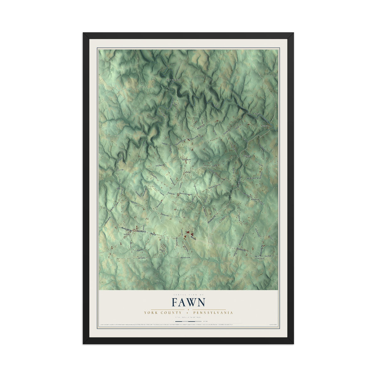 Map of Fawn, York County, Pennsylvania, 12 x 18 inch print in a black wood frame