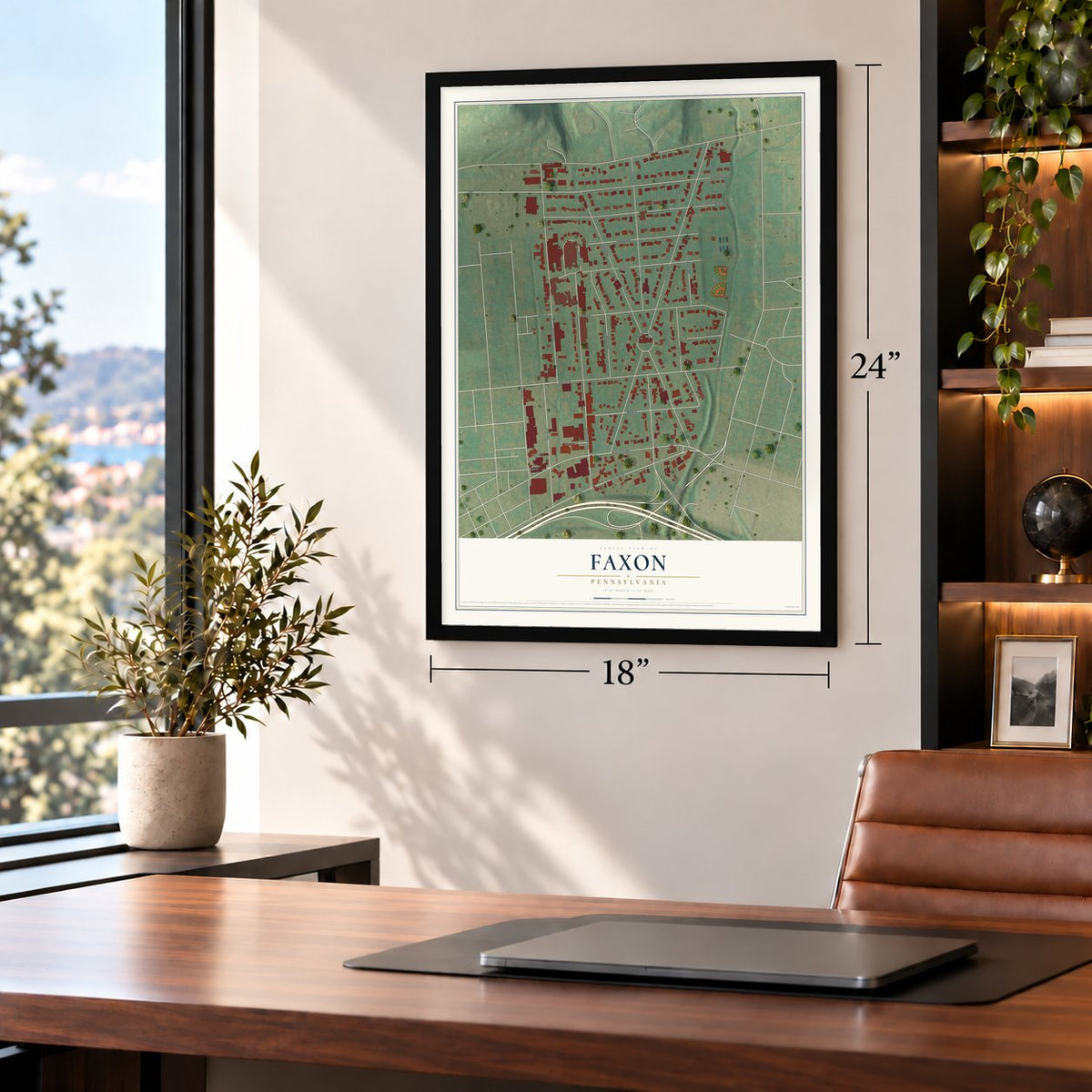 Faxon, Pennsylvania map, 18 x 24 inch print in a black frame in a home office