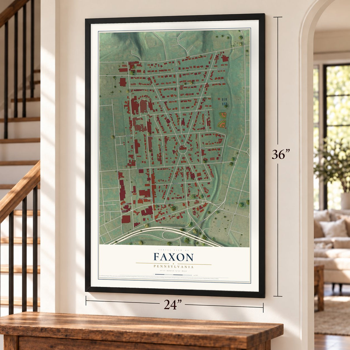 Faxon, Pennsylvania map, 24 x 36 inch print in a black frame by a staircase