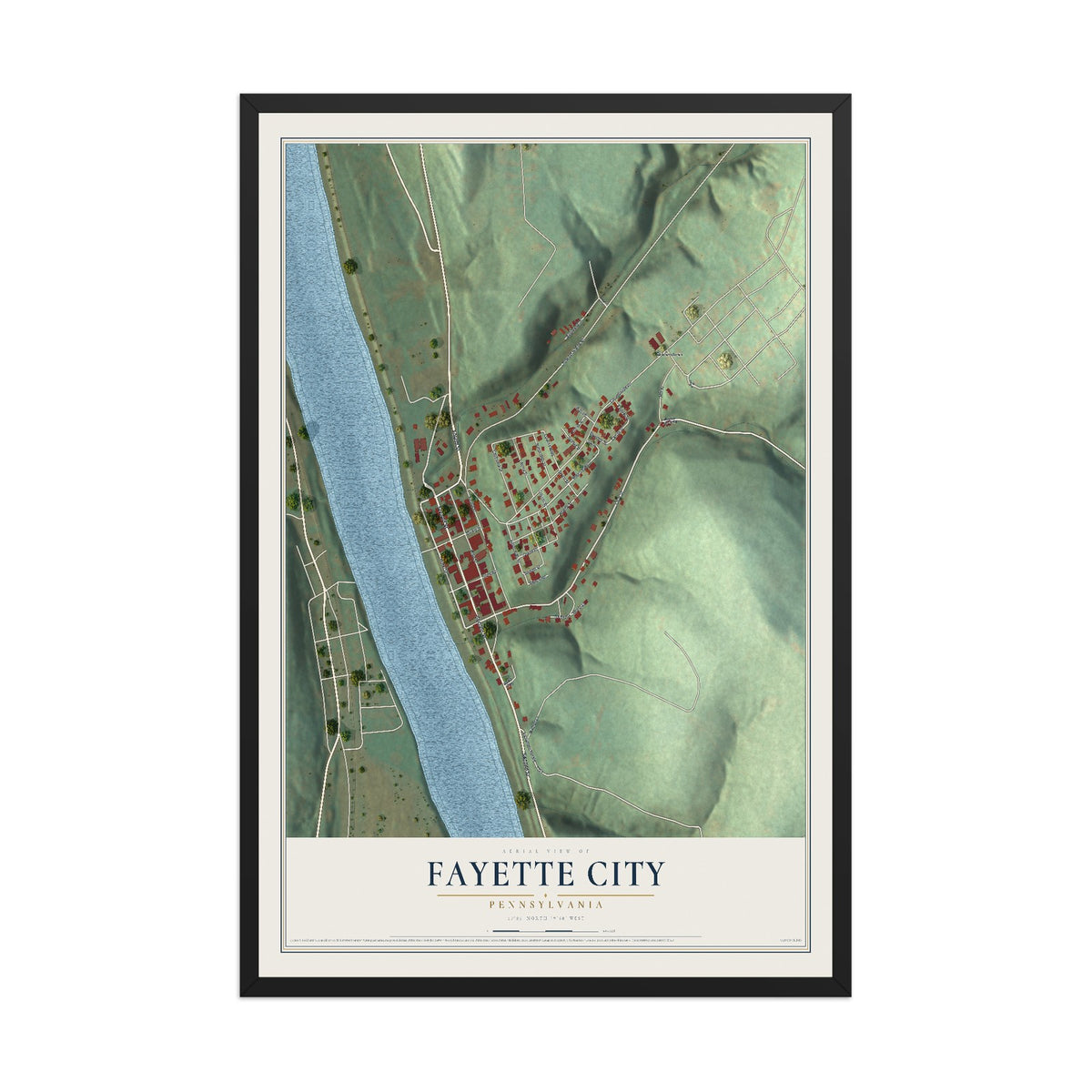 Map of Fayette City, Pennsylvania, 12 x 18 inch print in a black wood frame