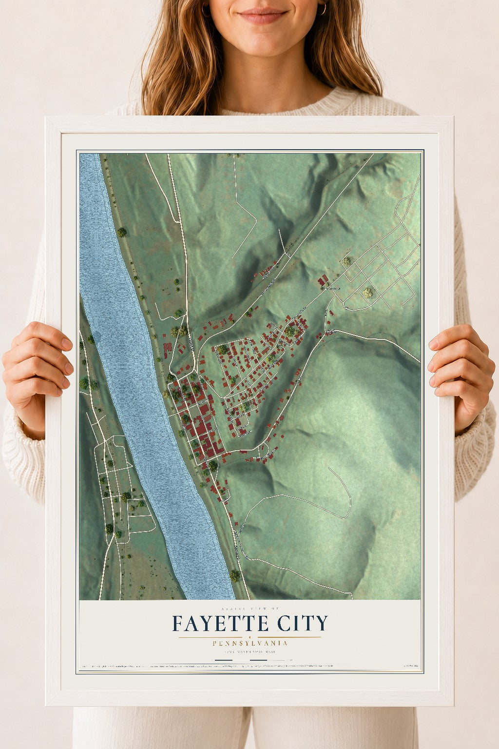 Map of Fayette City, Pennsylvania, 18 x 24 inch print in a white wood frame