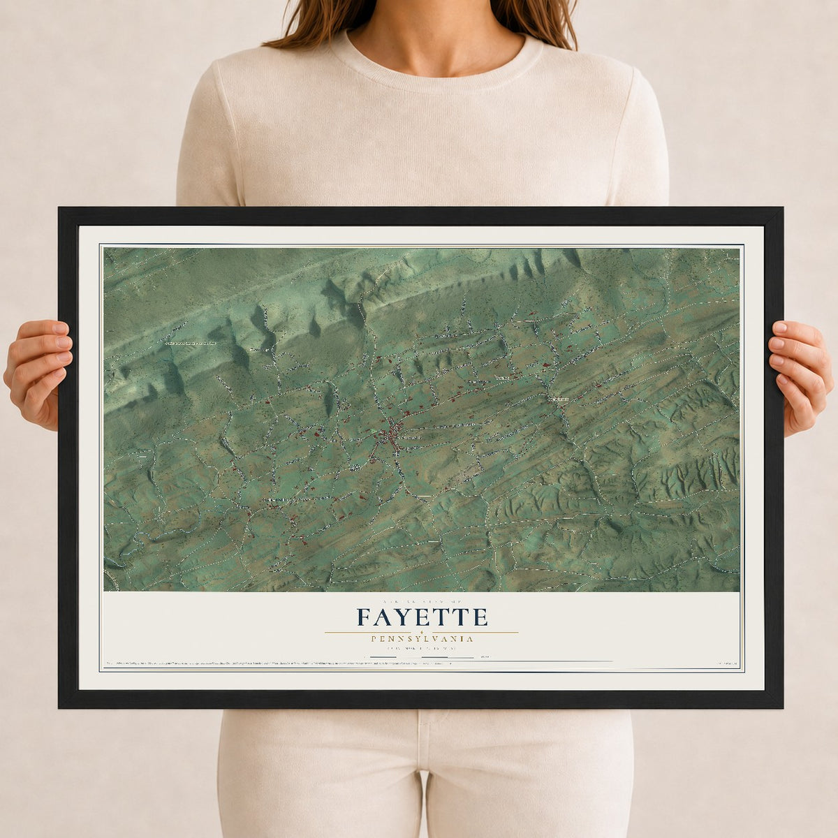 Map of Fayette, Pennsylvania, 12 x 18 inch print in a black wood frame