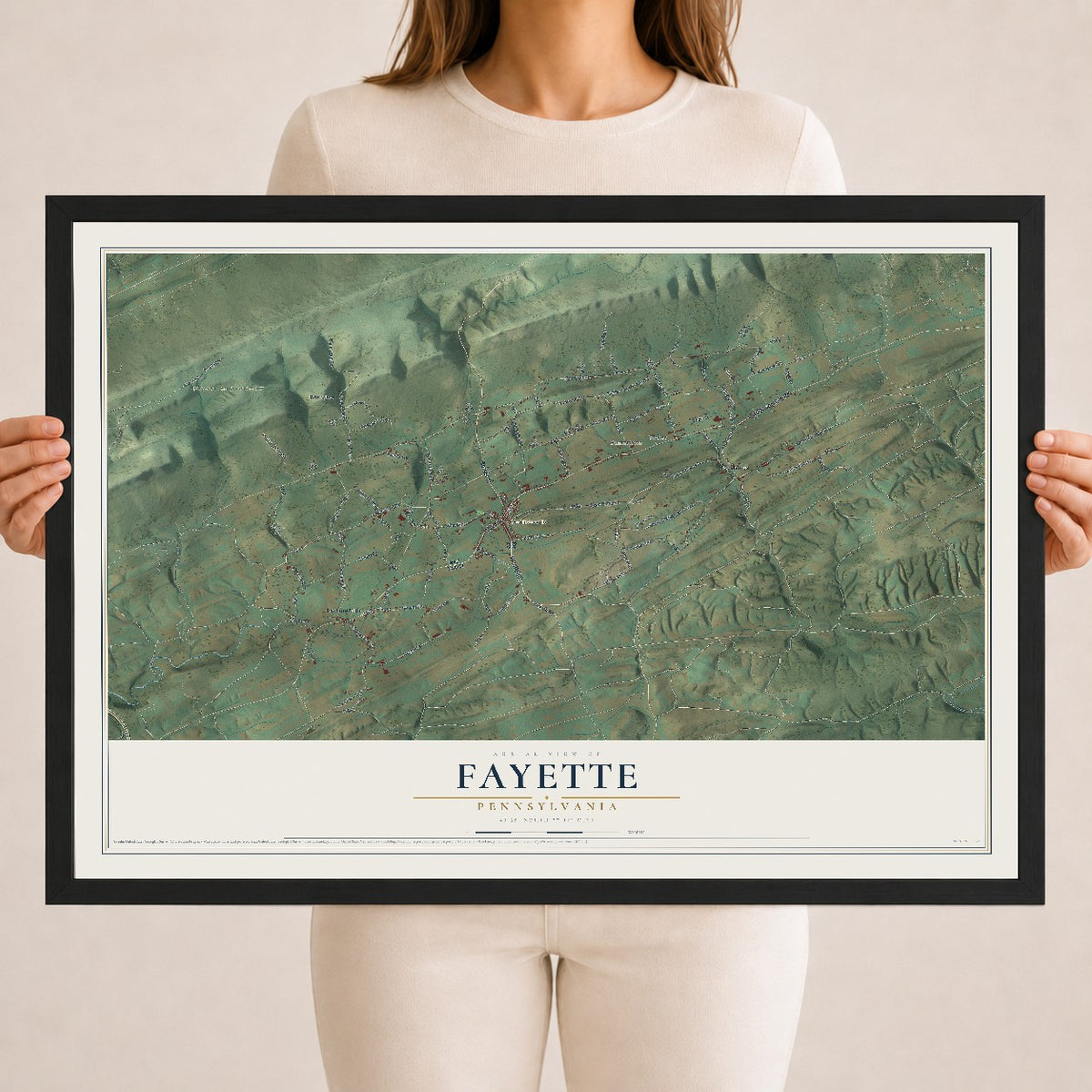 Map of Fayette, Pennsylvania, 18 x 24 inch print in a black wood frame