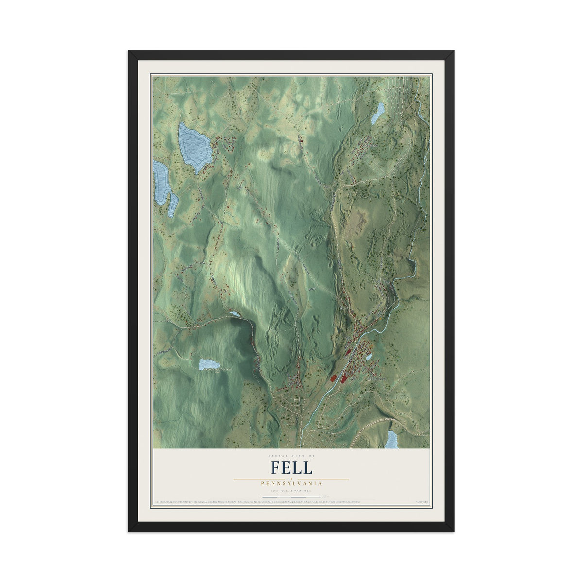 Map of Fell, Pennsylvania, 12 x 18 inch print in a black wood frame