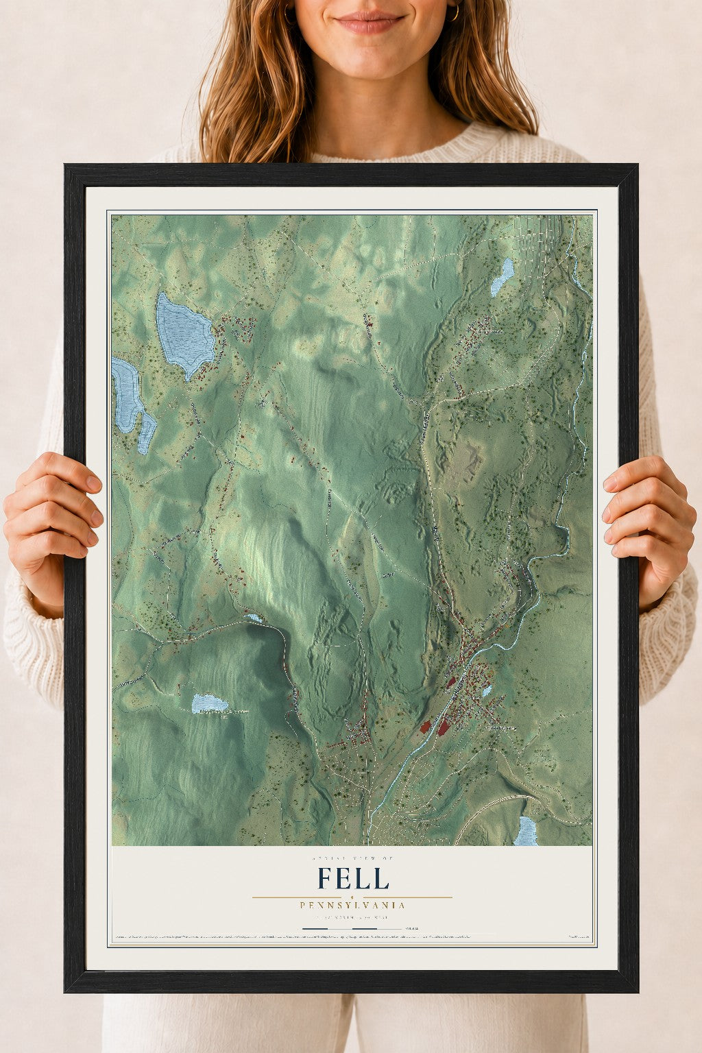 Map of Fell, Pennsylvania, 18 x 24 inch print in a black wood frame