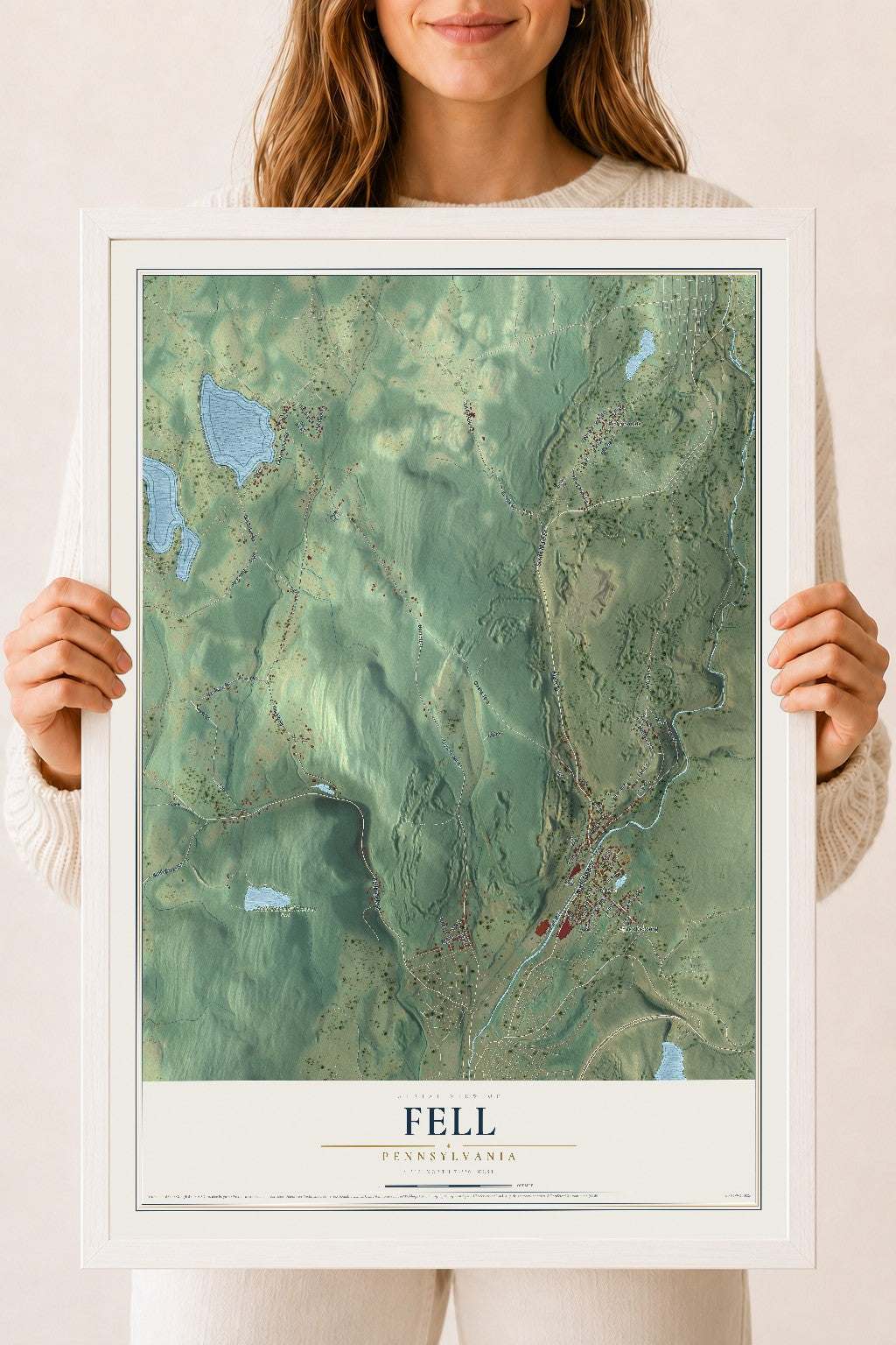 Map of Fell, Pennsylvania, 18 x 24 inch print in a white wood frame