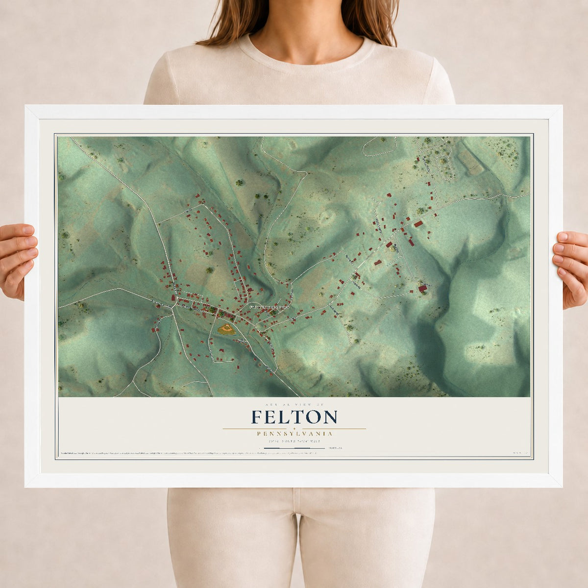 Map of Felton, Pennsylvania, 18 x 24 inch print in a white wood frame