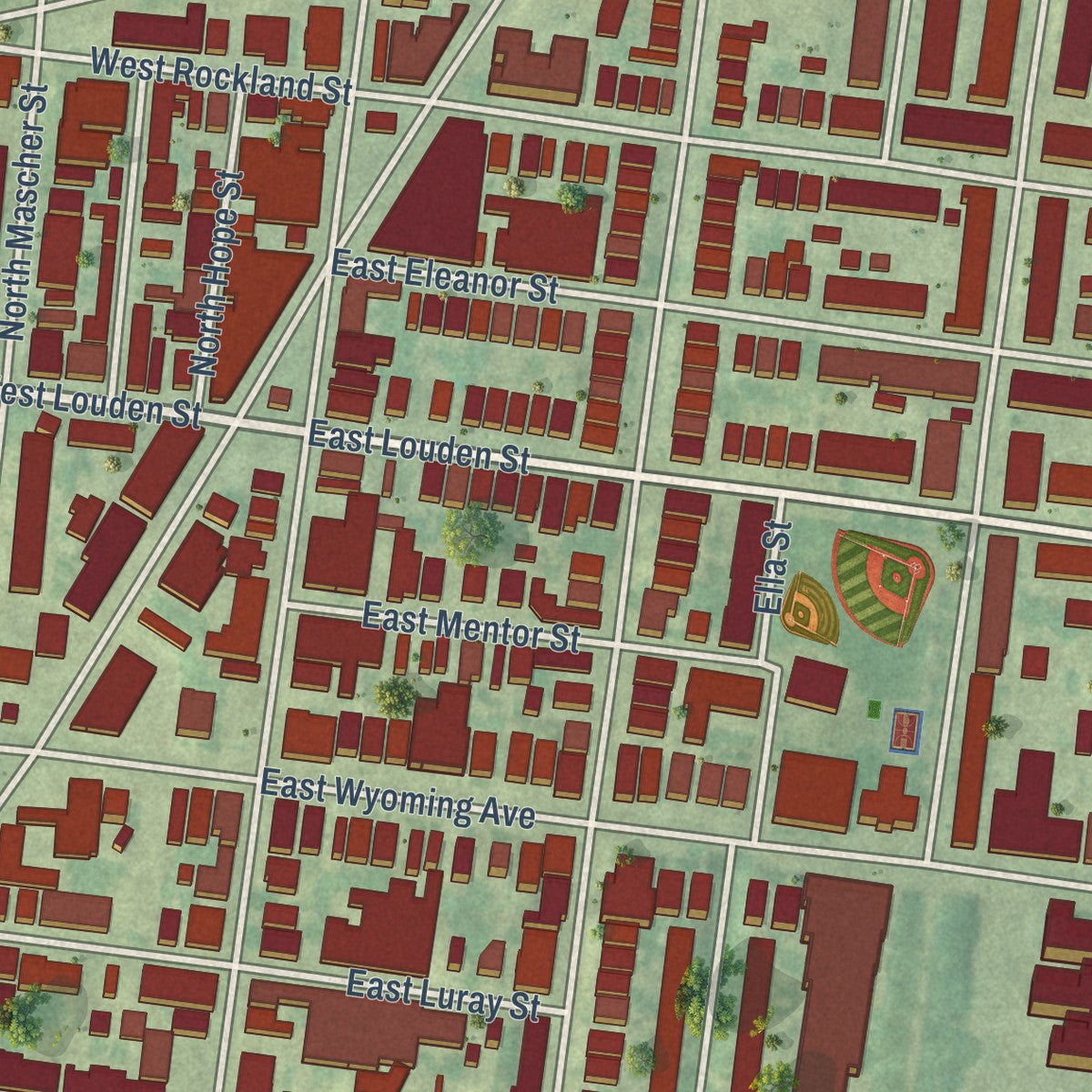Close-up of the map of Feltonville, Pennsylvania print showing street and building detail