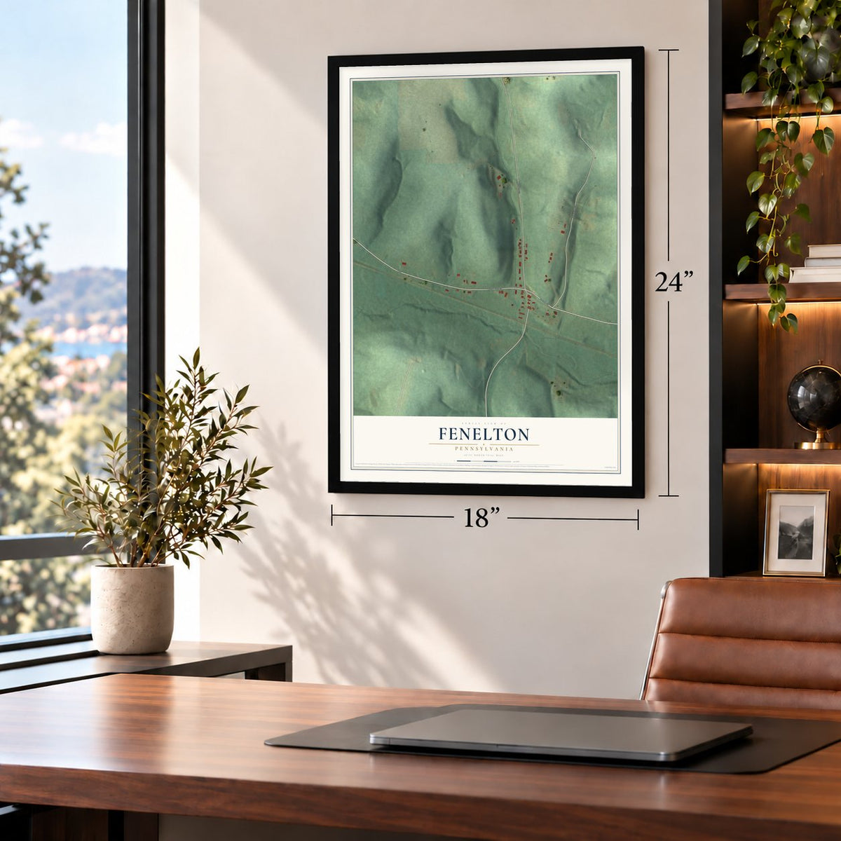 Fenelton, Pennsylvania map, 18 x 24 inch print in a black frame in a home office