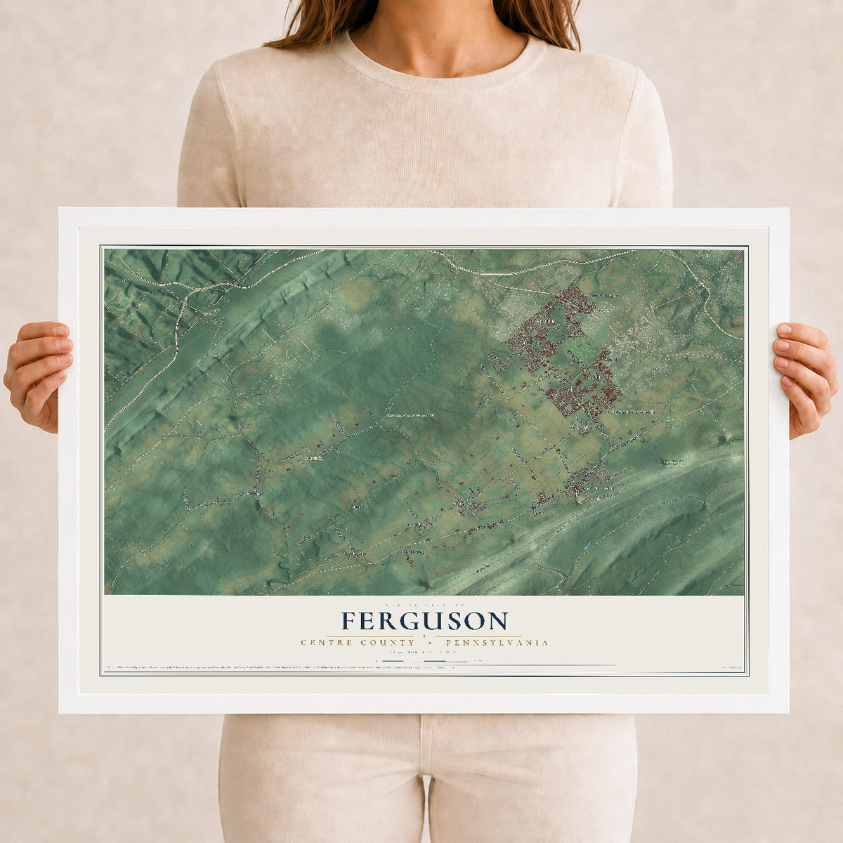 Map of Ferguson, Centre County, Pennsylvania, 12 x 18 inch print in a white wood frame