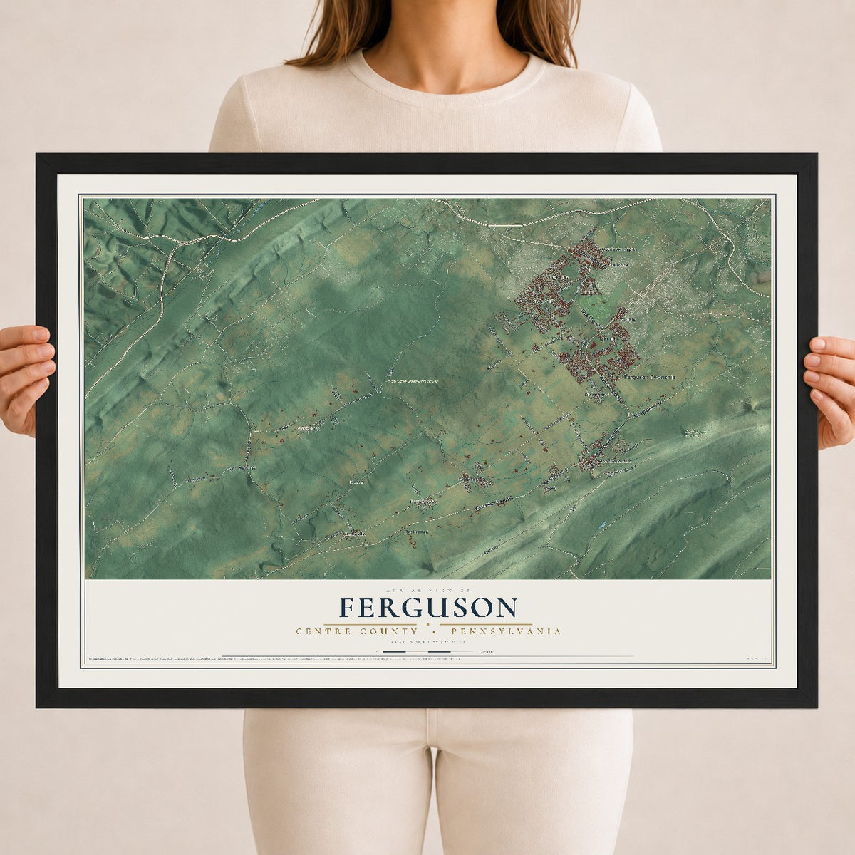 Map of Ferguson, Centre County, Pennsylvania, 18 x 24 inch print in a black wood frame