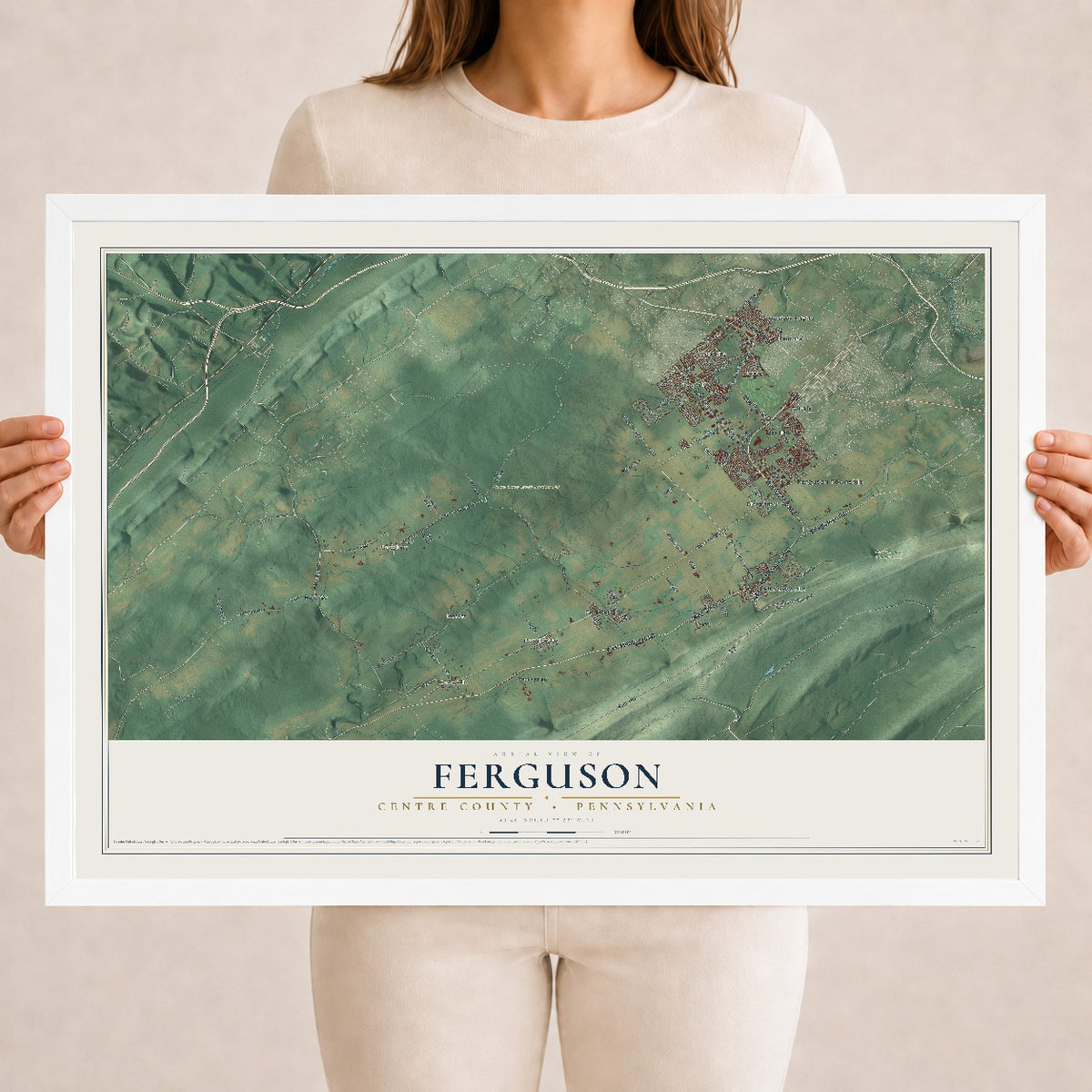 Map of Ferguson, Centre County, Pennsylvania, 18 x 24 inch print in a white wood frame