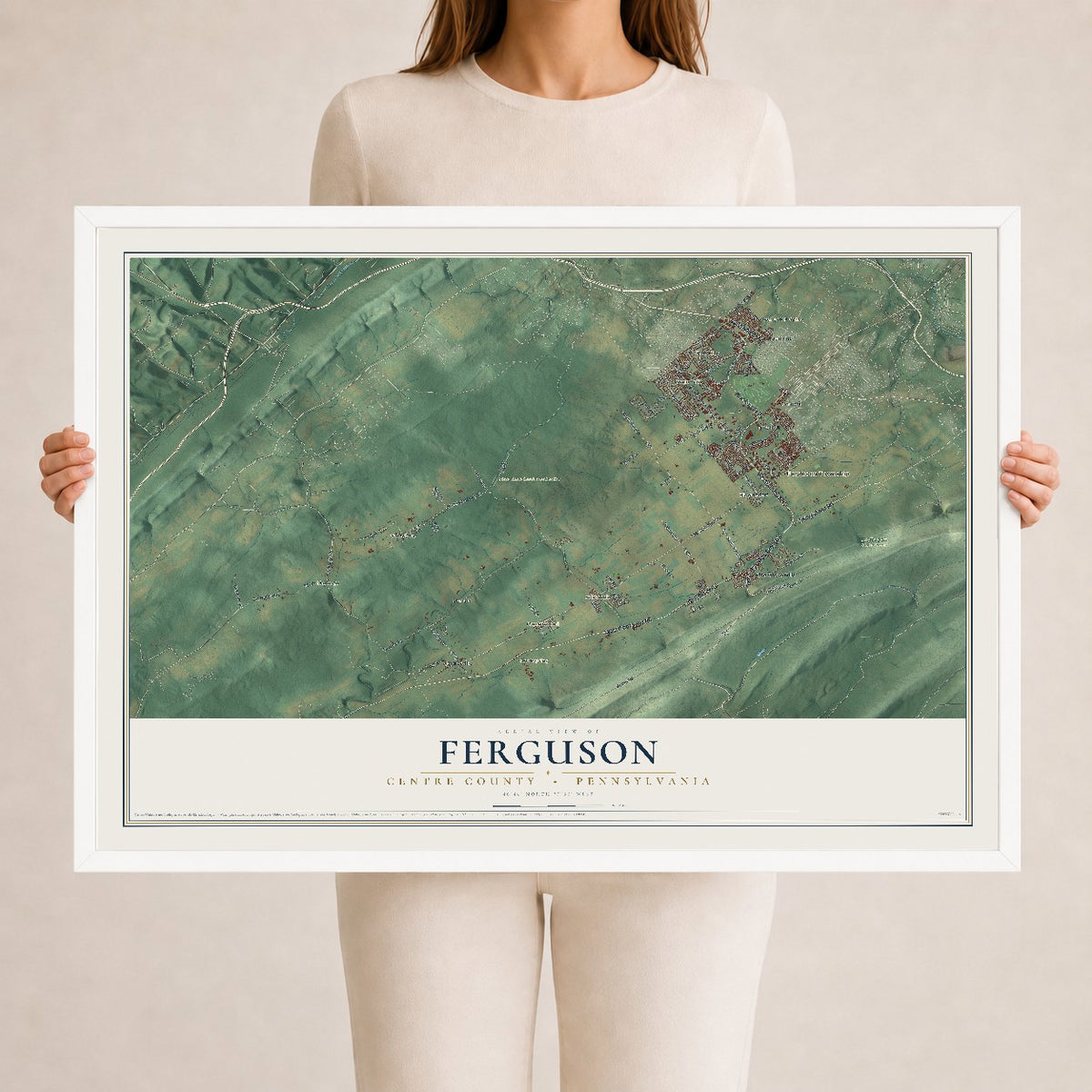Map of Ferguson, Centre County, Pennsylvania, 24 x 36 inch print in a white wood frame