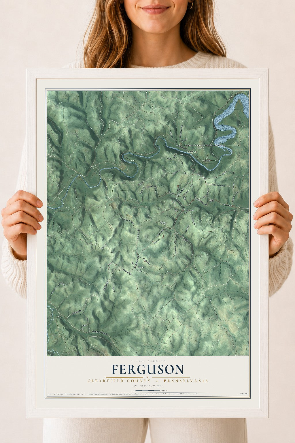 Map of Ferguson, Clearfield County, Pennsylvania, 18 x 24 inch print in a white wood frame