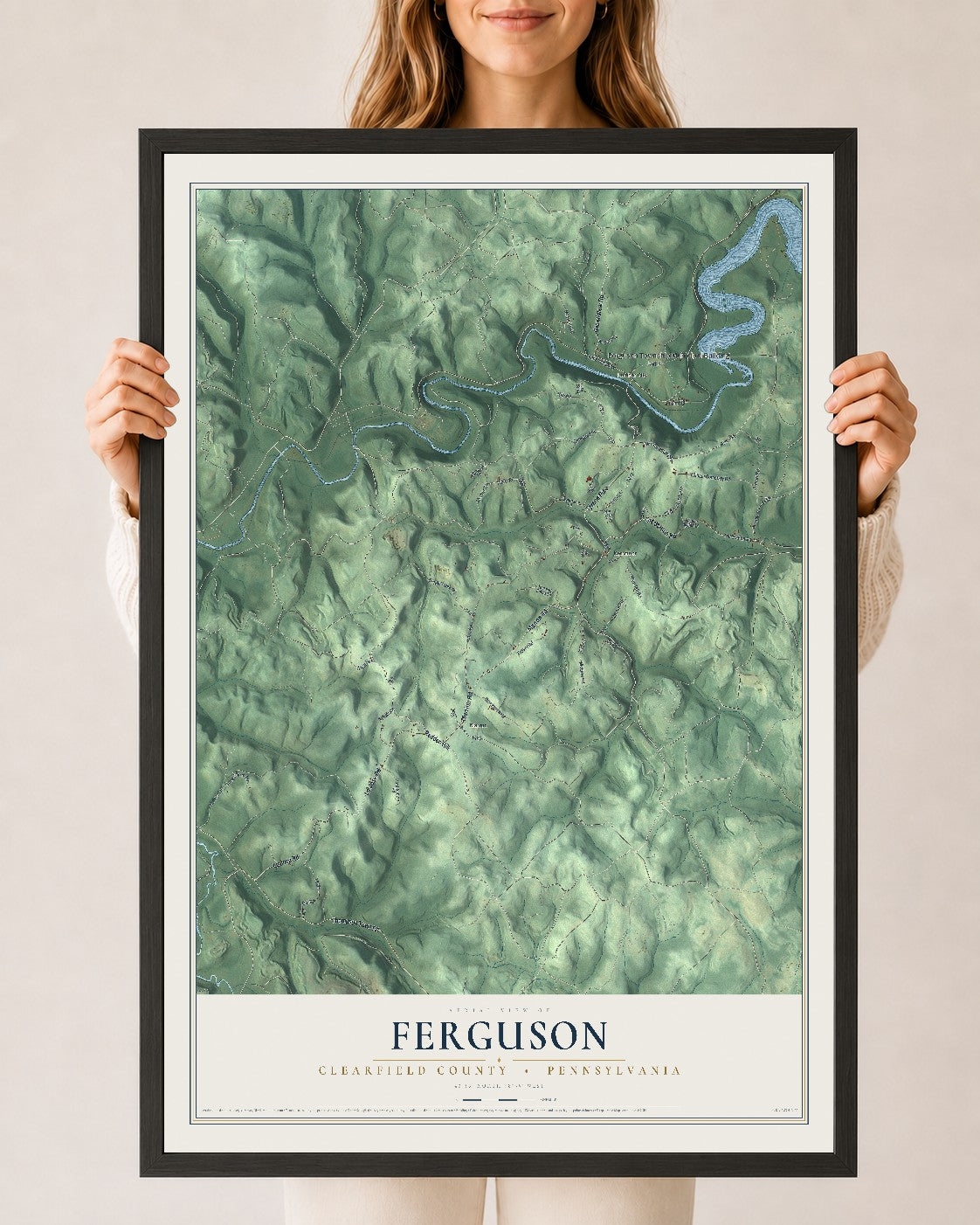 Map of Ferguson, Clearfield County, Pennsylvania, 24 x 36 inch print in a black wood frame