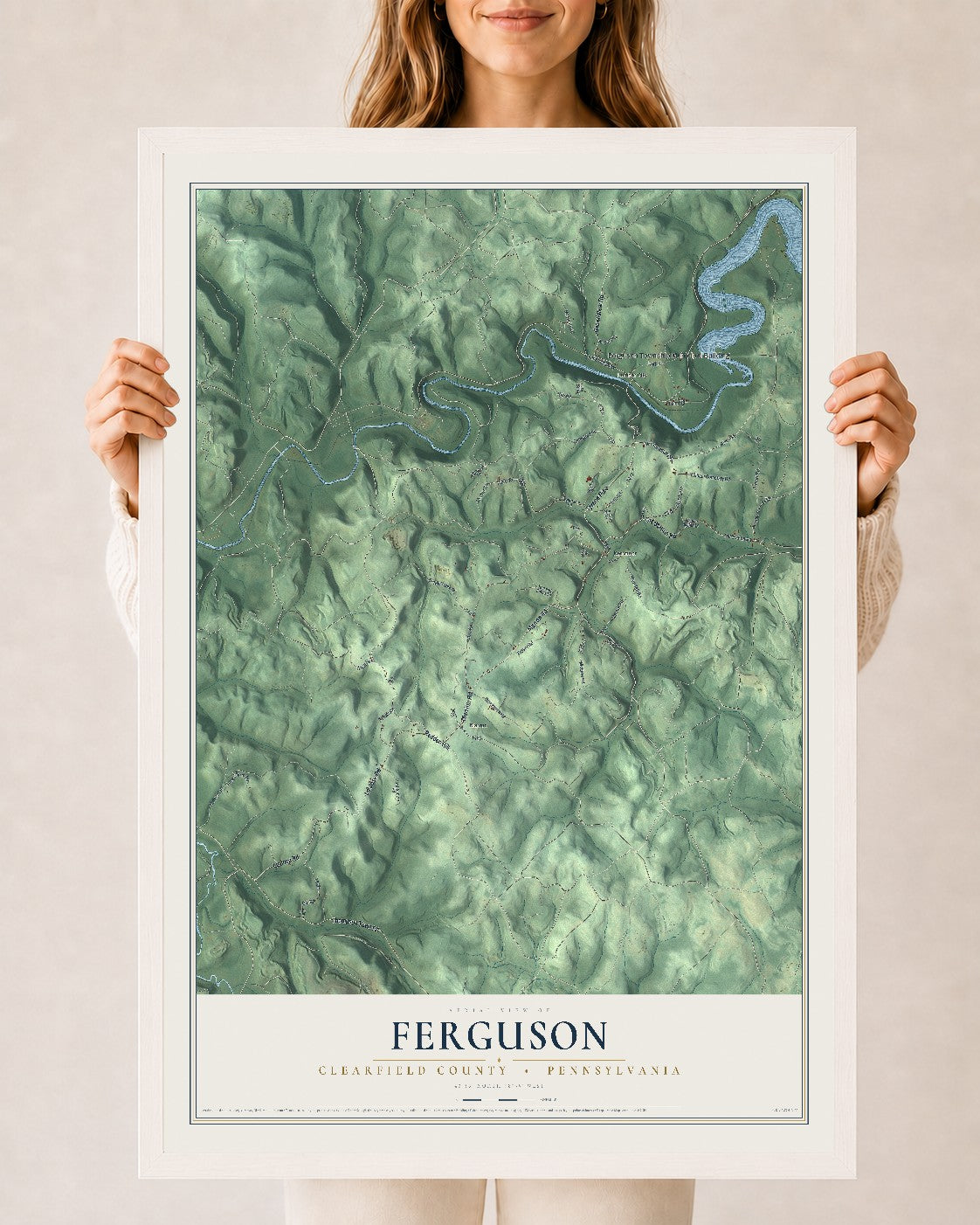 Map of Ferguson, Clearfield County, Pennsylvania, 24 x 36 inch print in a white wood frame