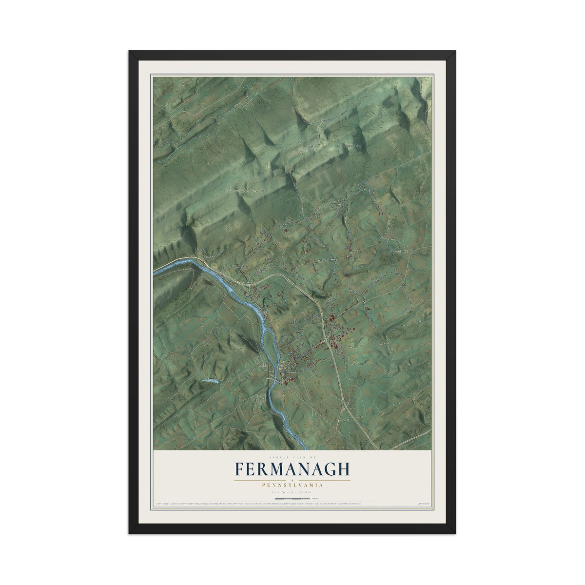Map of Fermanagh, Pennsylvania, 12 x 18 inch print in a black wood frame