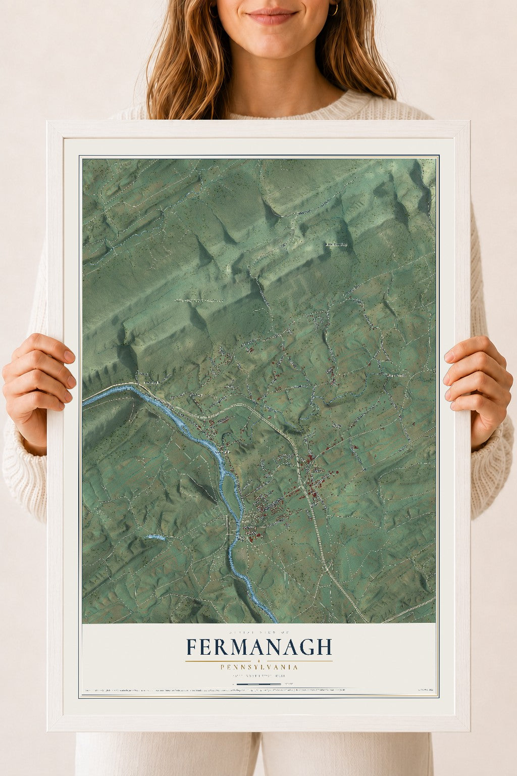 Map of Fermanagh, Pennsylvania, 18 x 24 inch print in a white wood frame