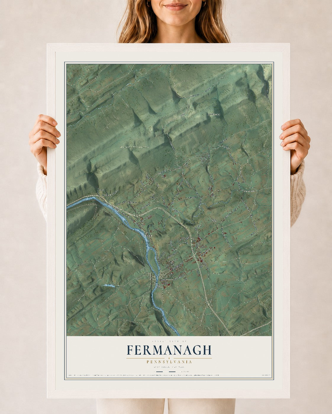 Map of Fermanagh, Pennsylvania, 24 x 36 inch print in a white wood frame