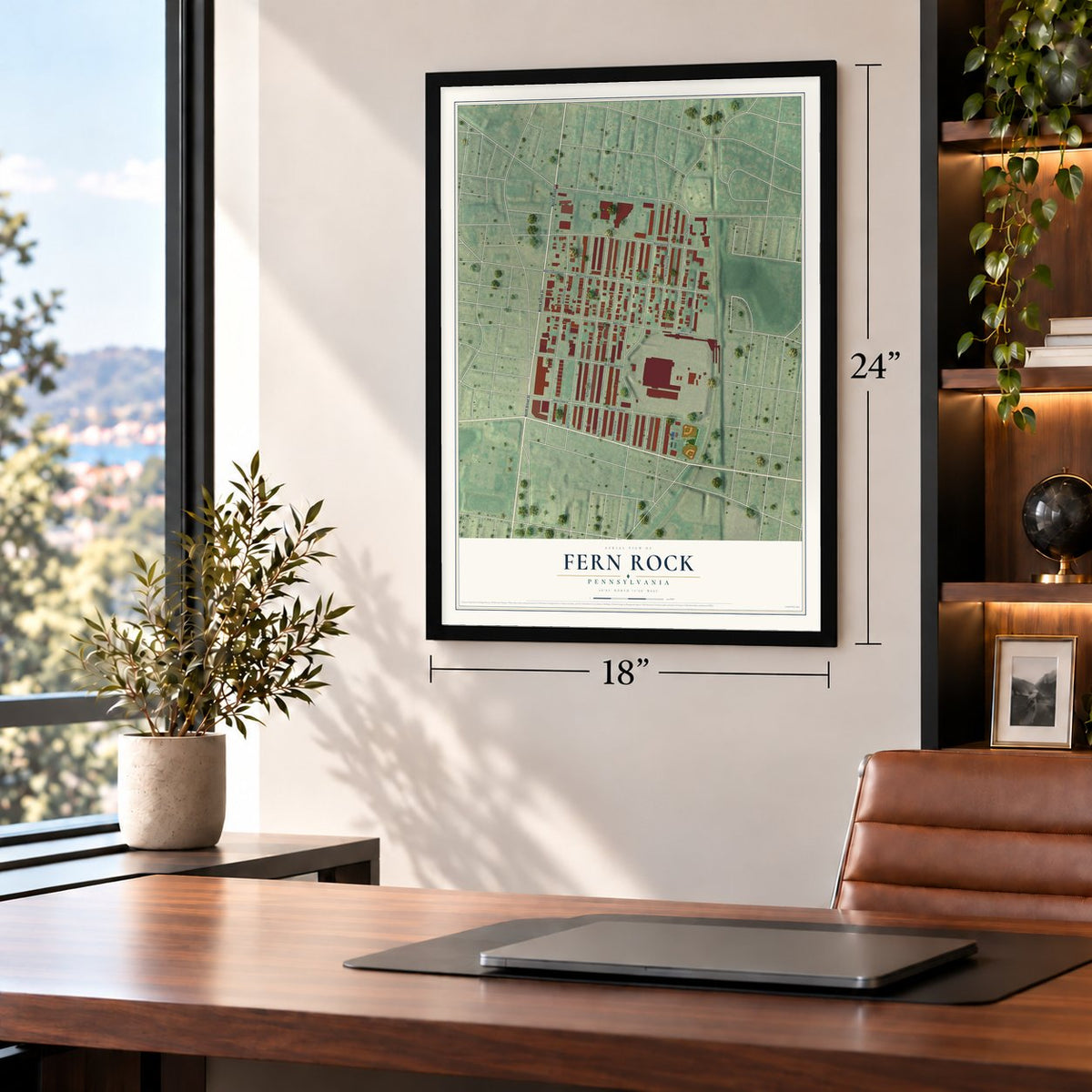 Fern Rock, Pennsylvania map, 18 x 24 inch print in a black frame in a home office