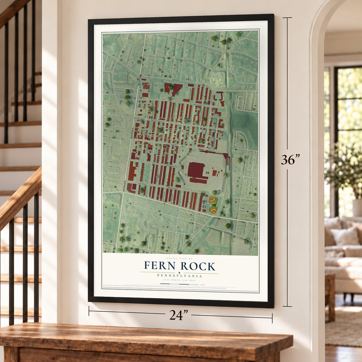 Fern Rock, Pennsylvania map, 24 x 36 inch print in a black frame by a staircase