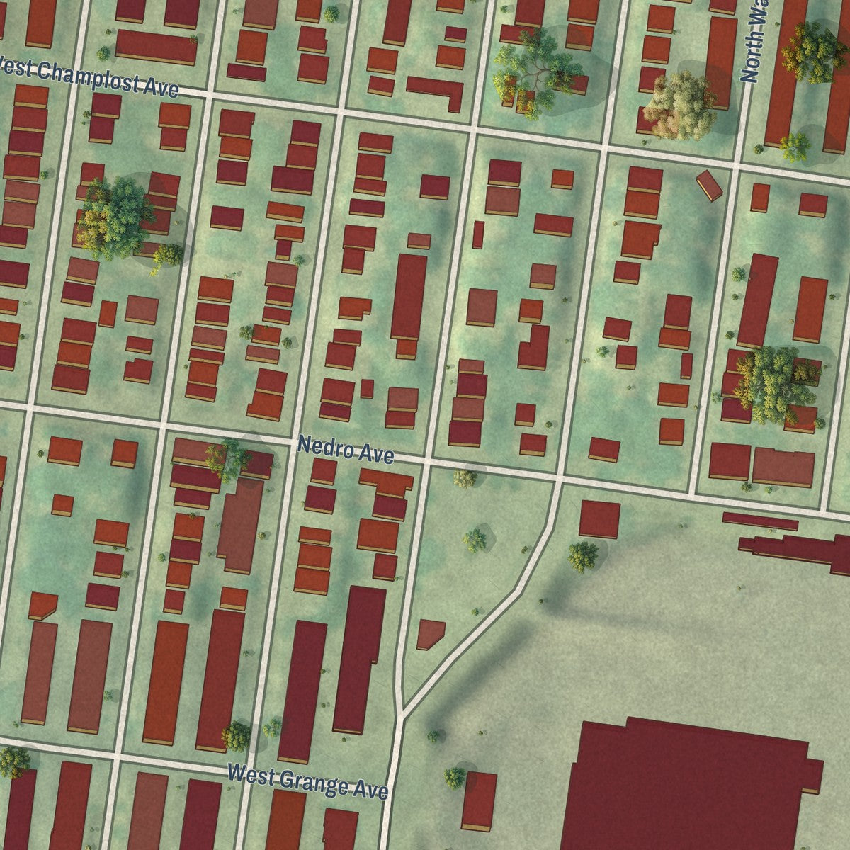 Close-up of the map of Fern Rock, Pennsylvania print showing street and building detail