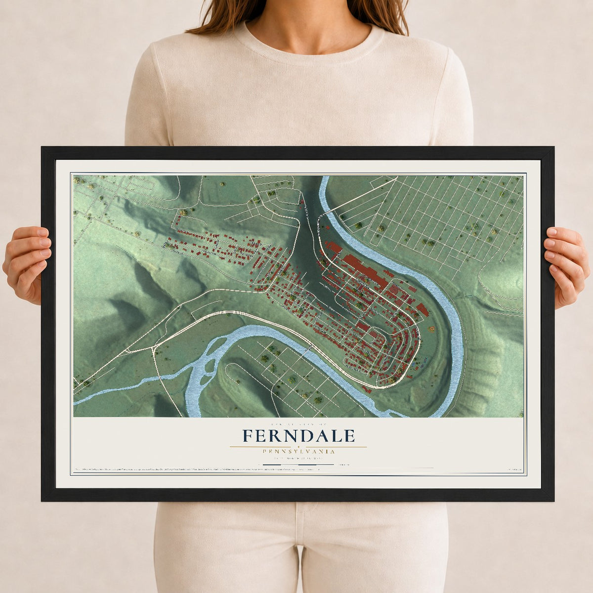 Map of Ferndale, Pennsylvania, 12 x 18 inch print in a black wood frame