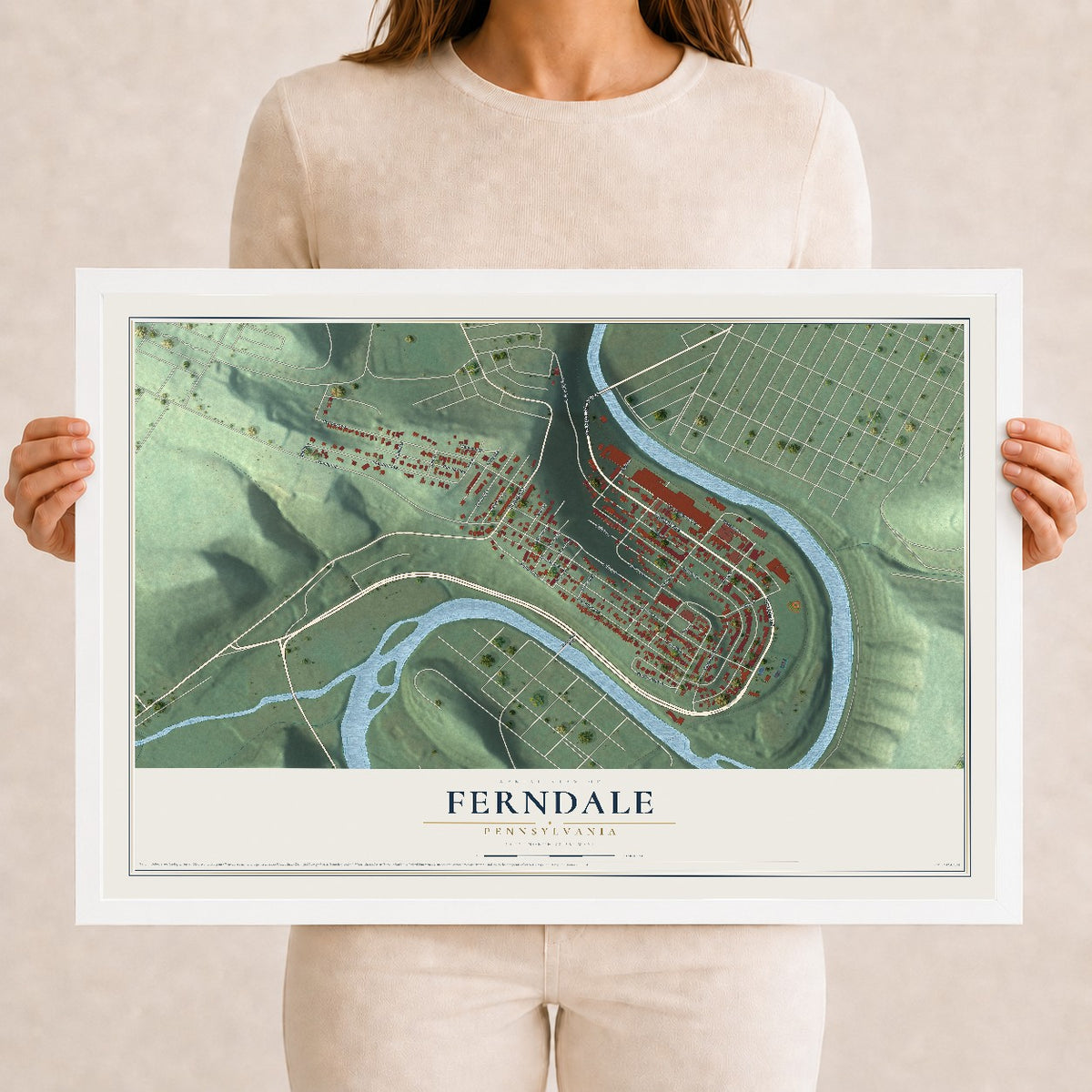 Map of Ferndale, Pennsylvania, 12 x 18 inch print in a white wood frame