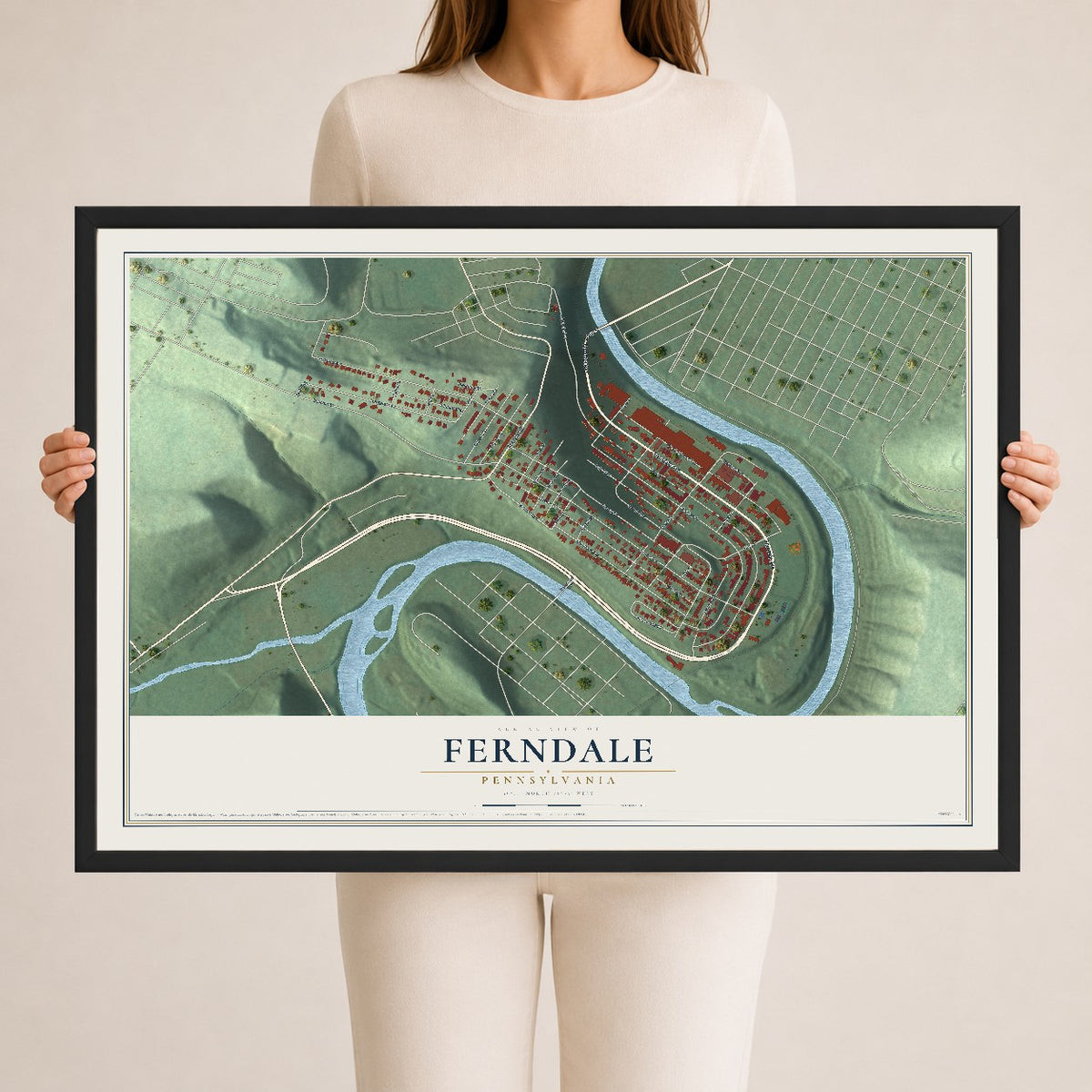 Map of Ferndale, Pennsylvania, 24 x 36 inch print in a black wood frame
