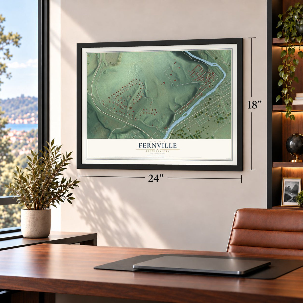Fernville, Pennsylvania map, 18 x 24 inch print in a black frame in a home office