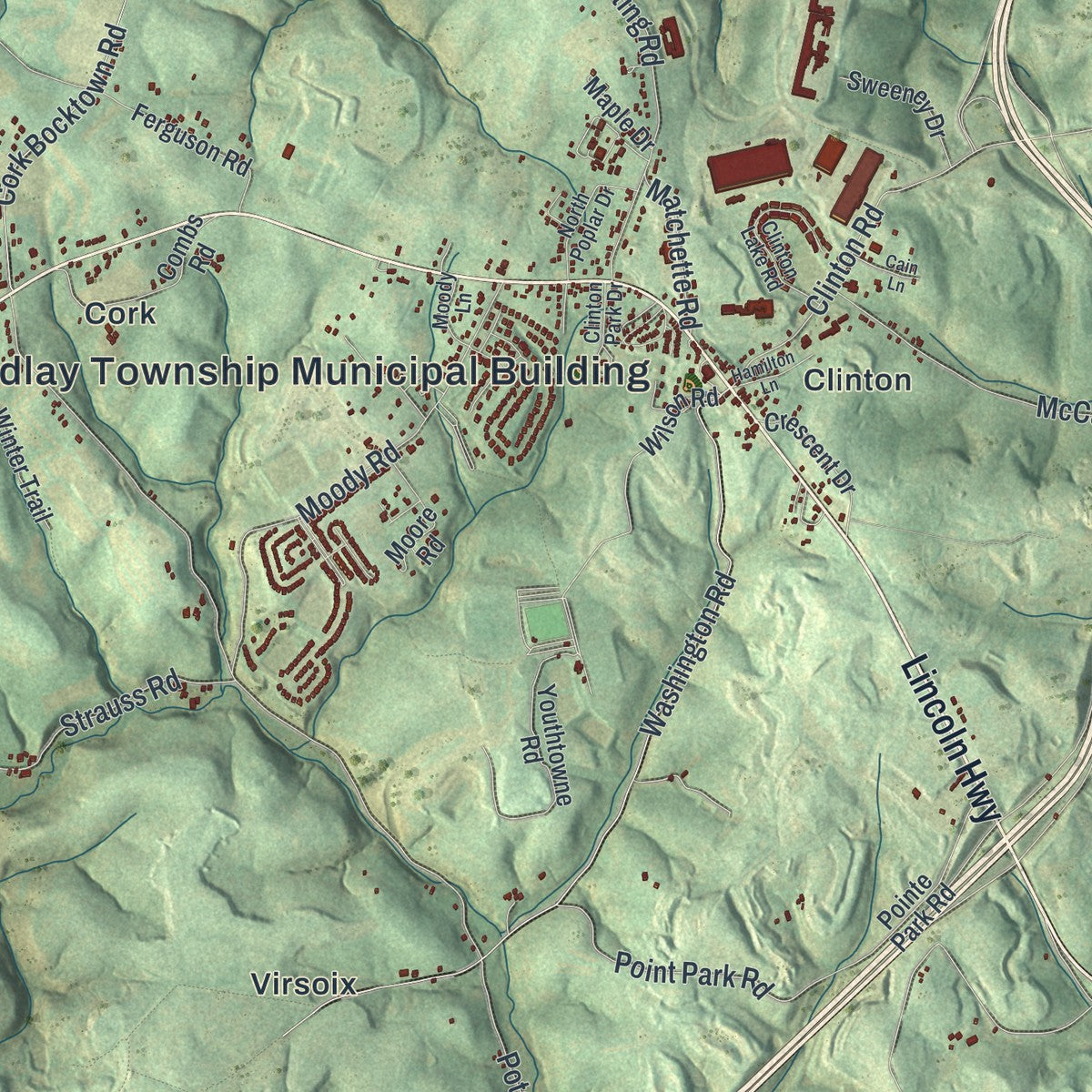 Close-up of the map of Findlay, Pennsylvania print showing street and building detail
