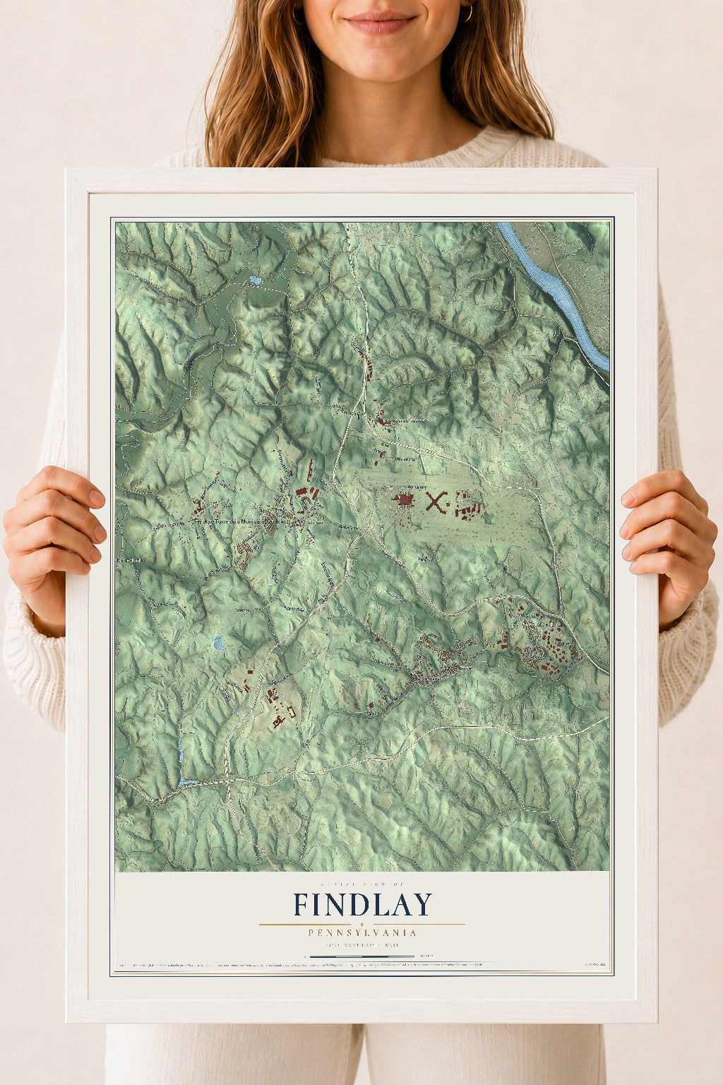 Map of Findlay, Pennsylvania, 18 x 24 inch print in a white wood frame