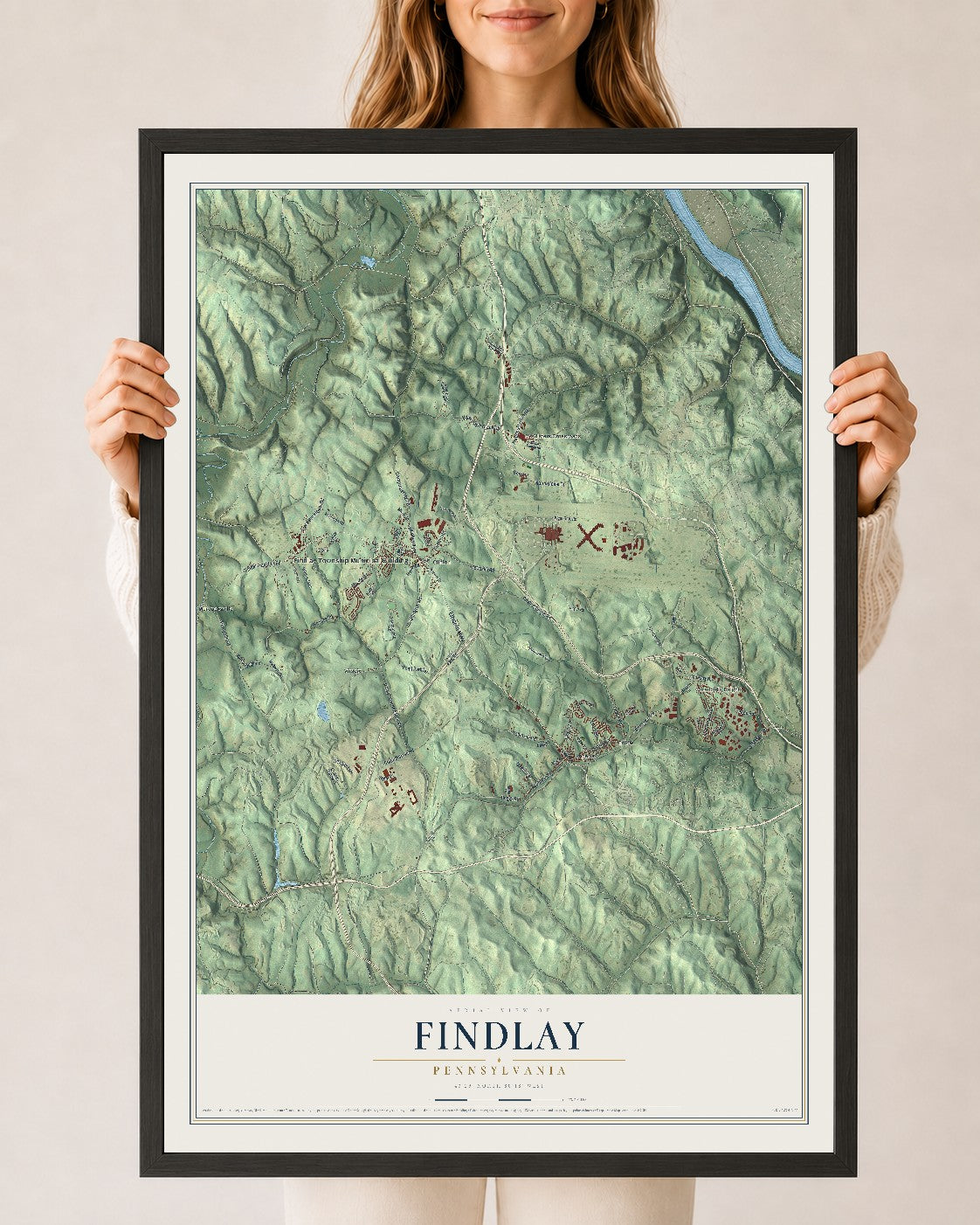 Map of Findlay, Pennsylvania, 24 x 36 inch print in a black wood frame