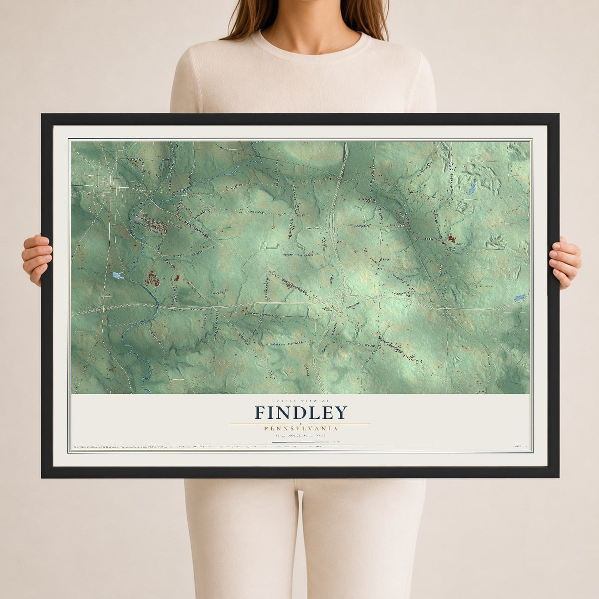 Map of Findley, Pennsylvania, 24 x 36 inch print in a black wood frame