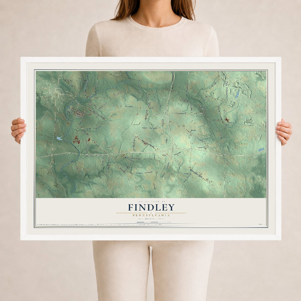Map of Findley, Pennsylvania, 24 x 36 inch print in a white wood frame