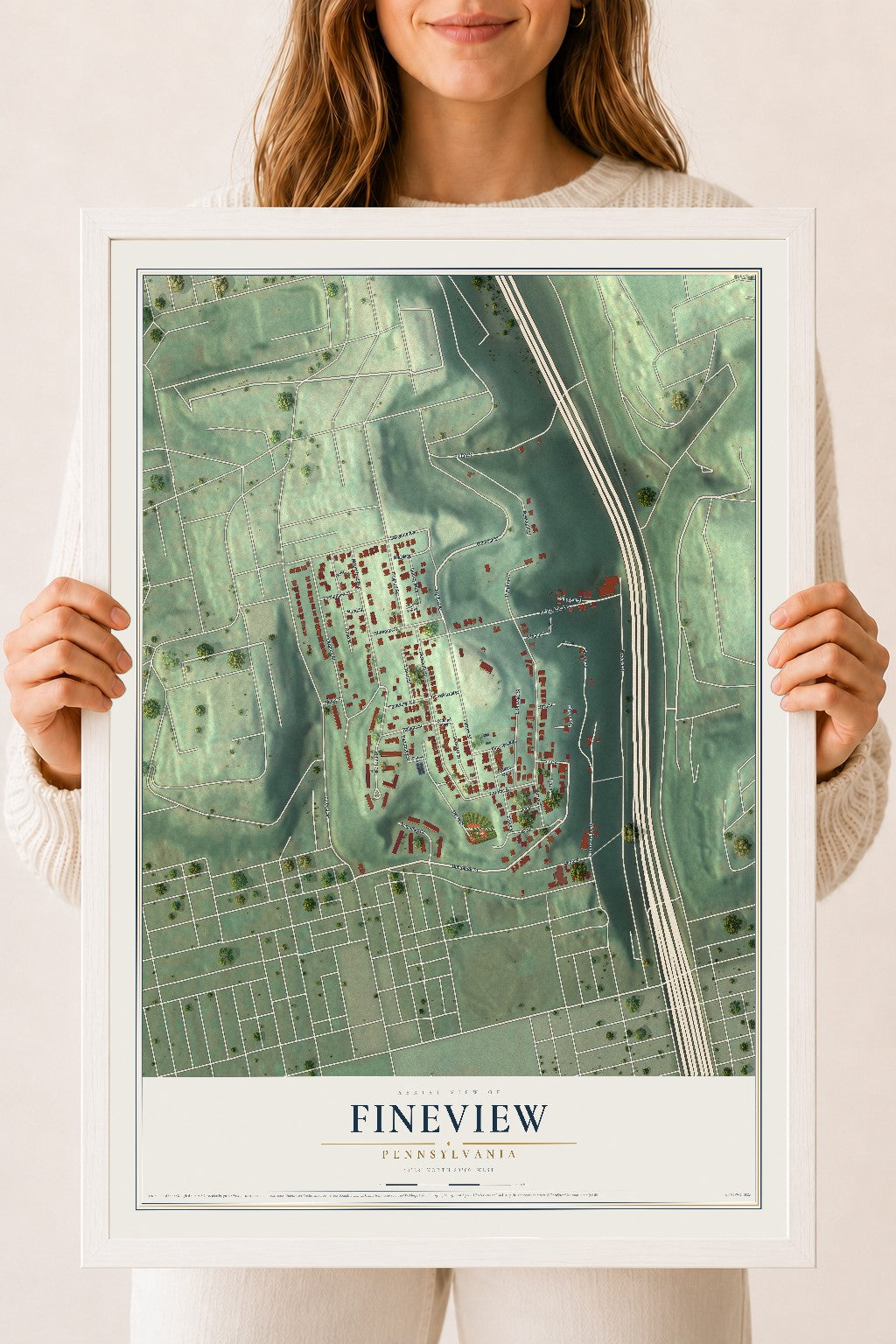 Map of Fineview, Pennsylvania, 18 x 24 inch print in a white wood frame