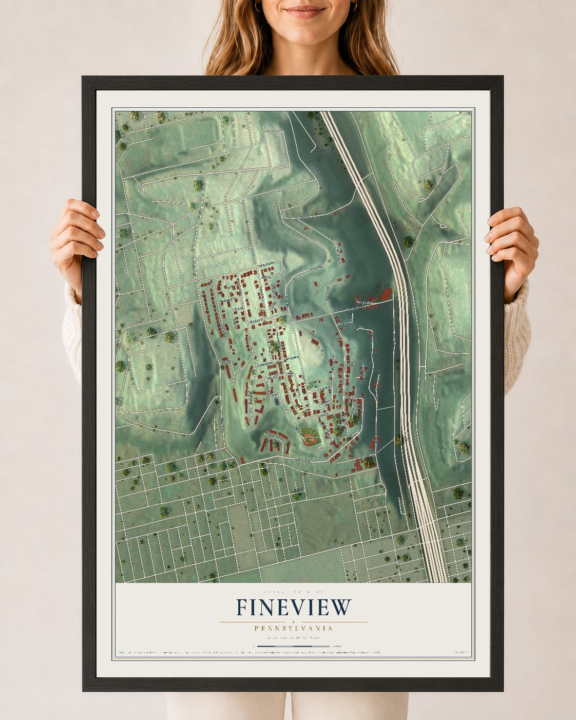 Map of Fineview, Pennsylvania, 24 x 36 inch print in a black wood frame