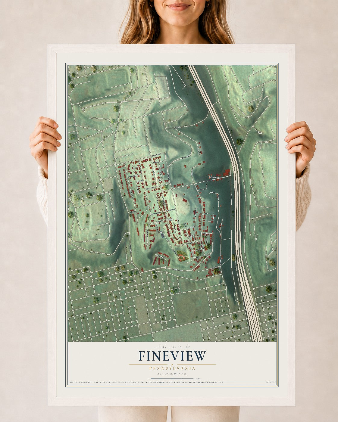 Map of Fineview, Pennsylvania, 24 x 36 inch print in a white wood frame