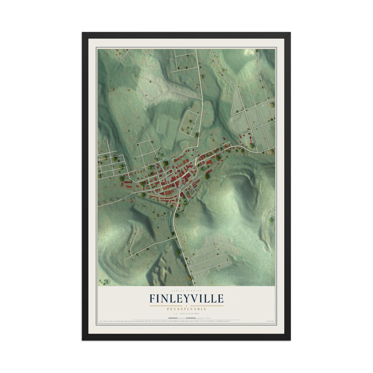 Map of Finleyville, Pennsylvania, 12 x 18 inch print in a black wood frame
