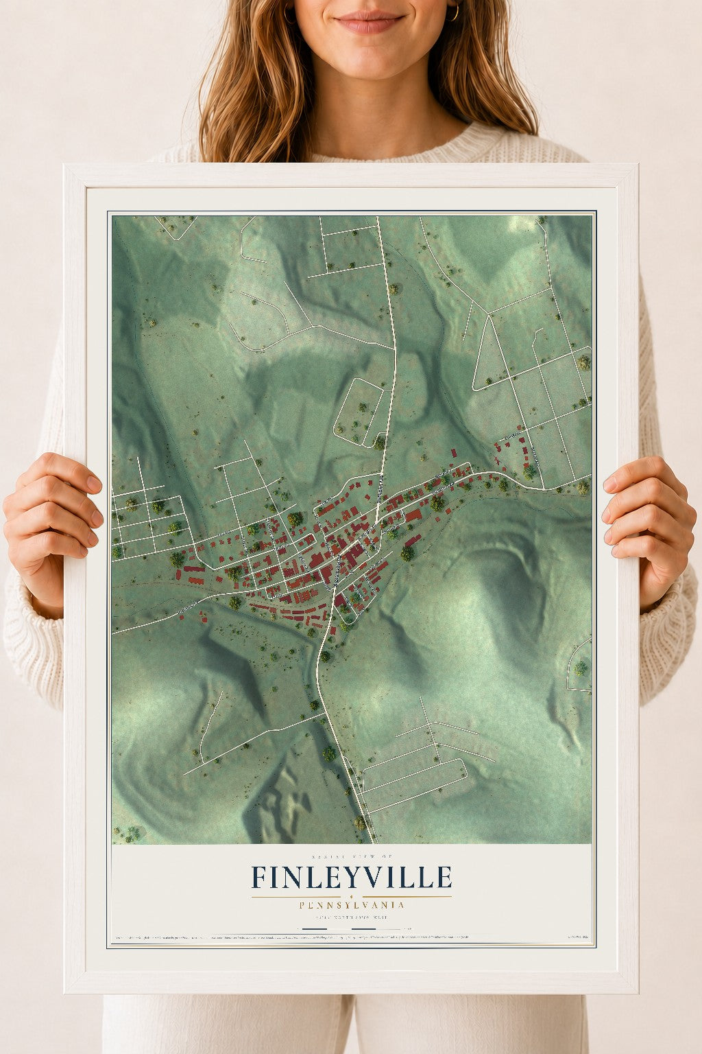 Map of Finleyville, Pennsylvania, 18 x 24 inch print in a white wood frame