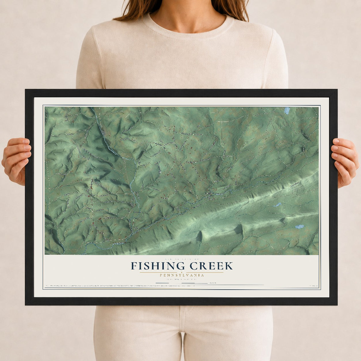 Map of Fishing Creek, Pennsylvania, 12 x 18 inch print in a black wood frame