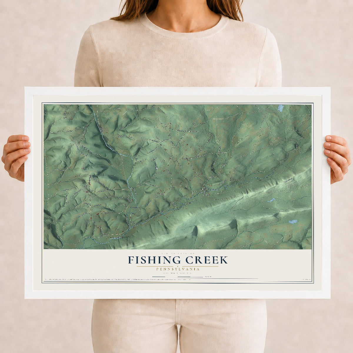 Map of Fishing Creek, Pennsylvania, 12 x 18 inch print in a white wood frame