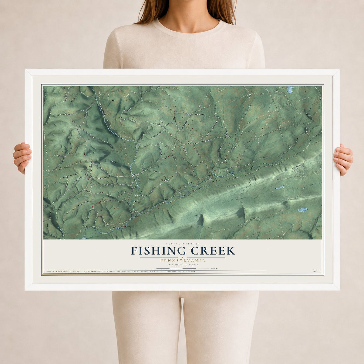 Map of Fishing Creek, Pennsylvania, 24 x 36 inch print in a white wood frame