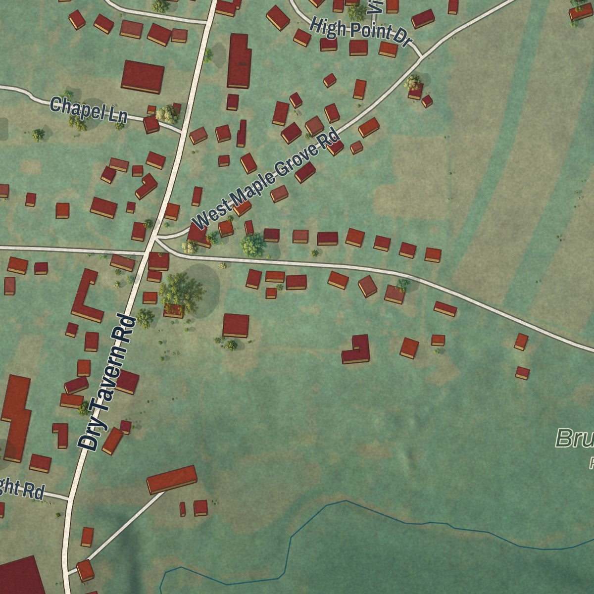 Close-up of the map of Fivepointville, Pennsylvania print showing street and building detail