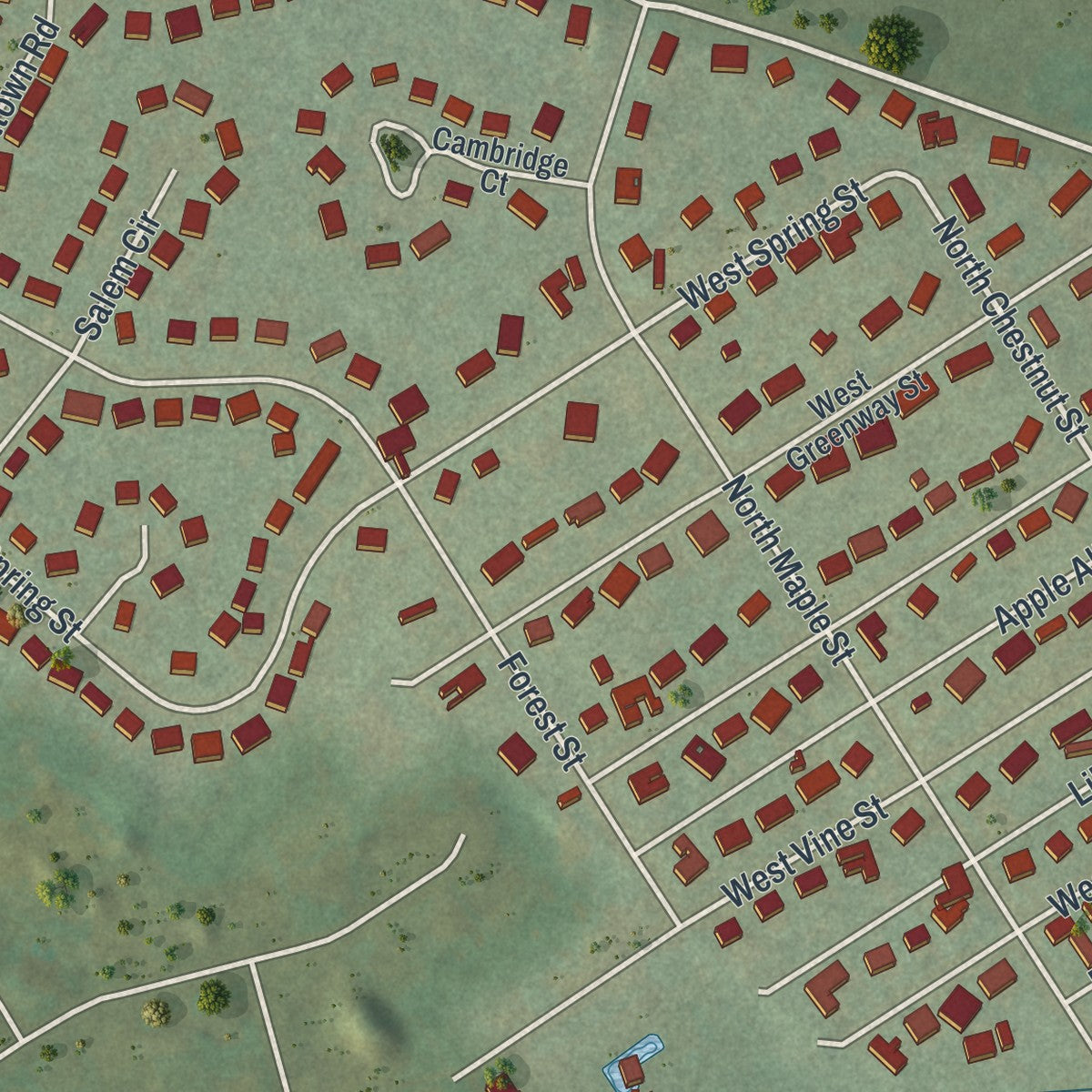 Second close-up of the map of Fleetwood, Pennsylvania print showing more streets and buildings
